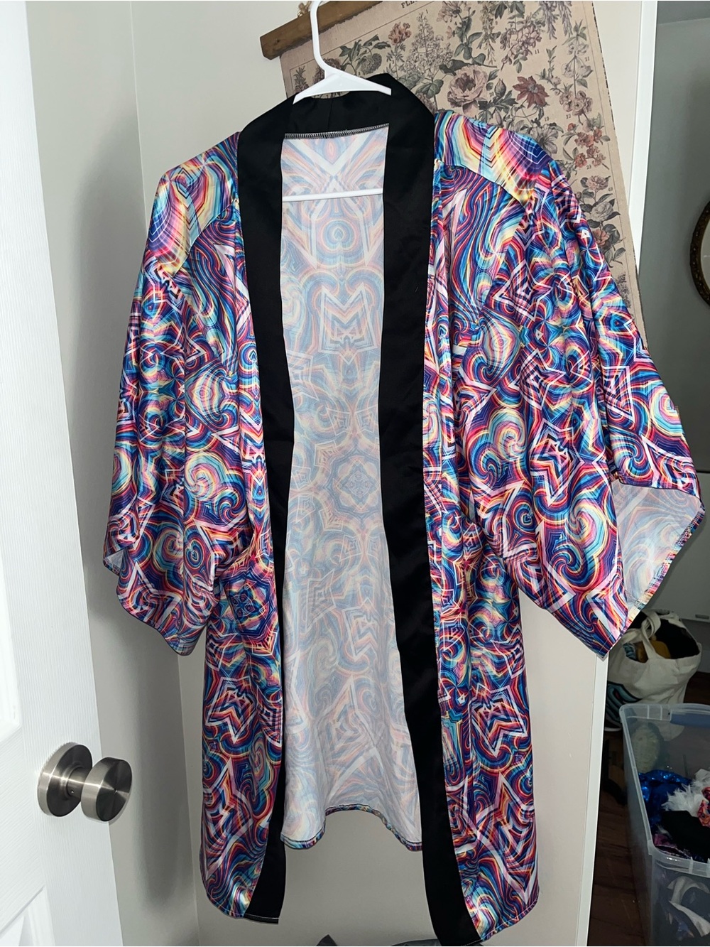 Dolls Kill Multicolor Swirl Satin Kimono with Black Trim